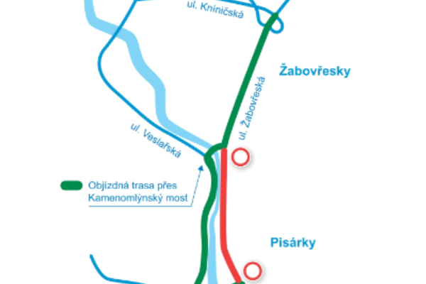 VMO Žabovřeská - uzavření úseku od Kamenomlýnského mostu po křižovatku Hlinky