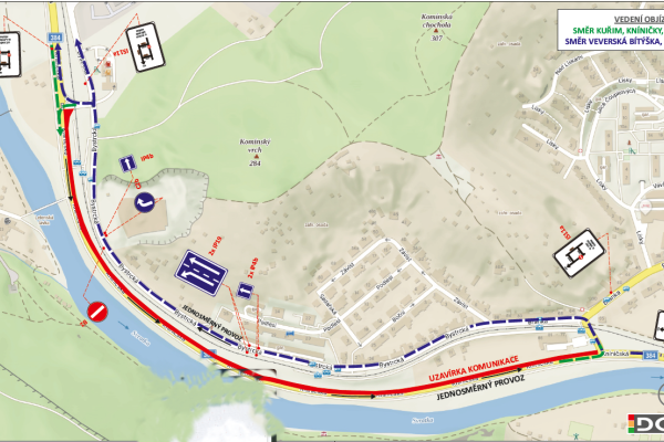 Oprava Kníničské - od 23.07.2025 - částečné zjednosměrnění ulice Bystrcké - plynulejší průjezd křižovatkou Kamenolom