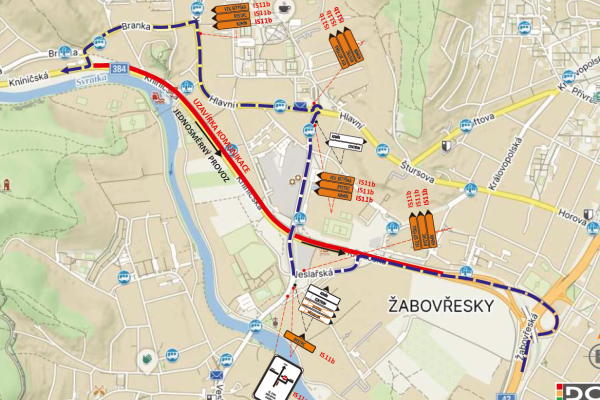 Oprava Kníničské - od 18.08.2025, etapa Branka – BS Auto, změna přestupního místa nočních linek (zastávka Hlavní)