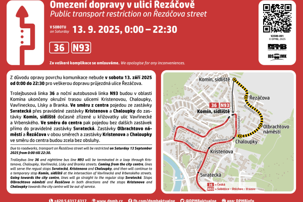 Omezení dopravy v ulici Řezáčova v sobotu 13.09.2025 - DPMB