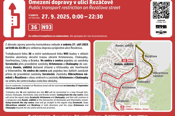 Omezení dopravy v ulici Řezáčova v sobotu 27.09.2025 - DPMB