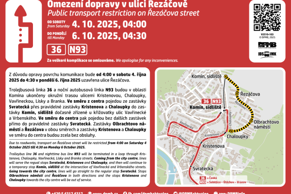 Omezení dopravy v ulici Řezáčova o víkendu 04. - 05.10.2025 (až do pondělního rána 4:30) - DPMB