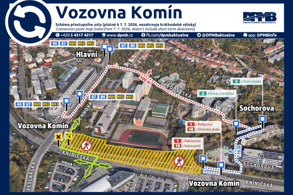 Výluka tramvají v ulici Kníničské - linky 1, 3 a 10 od 18:30h 06.07.2026 do poloviny srpna 2026