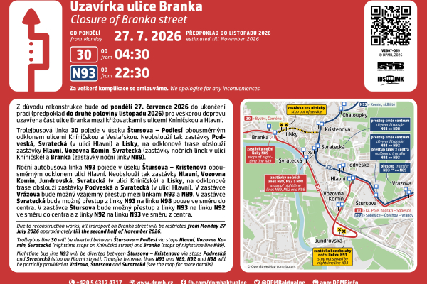 Podrobné informace ke změnám MHD kvůli omezení na Brance - změny ve vedení denních i nočních linek