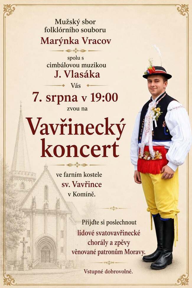 Plakát k akci s mužem v kroji a obrysem kostela sv. Vavřince