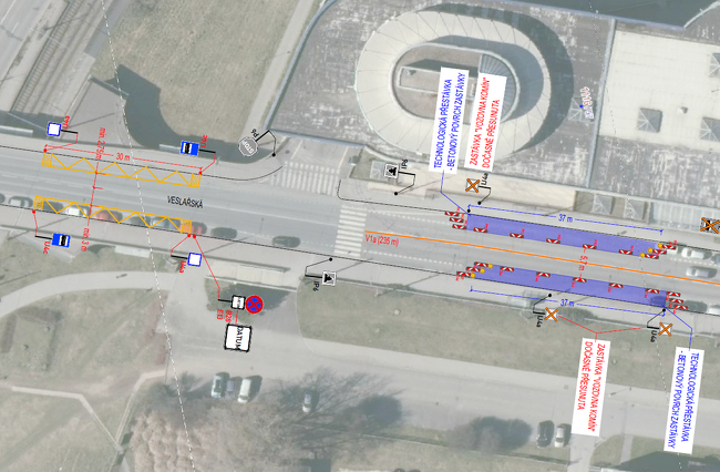 mapa posunutí zastávek MHD při opravě Veslařské