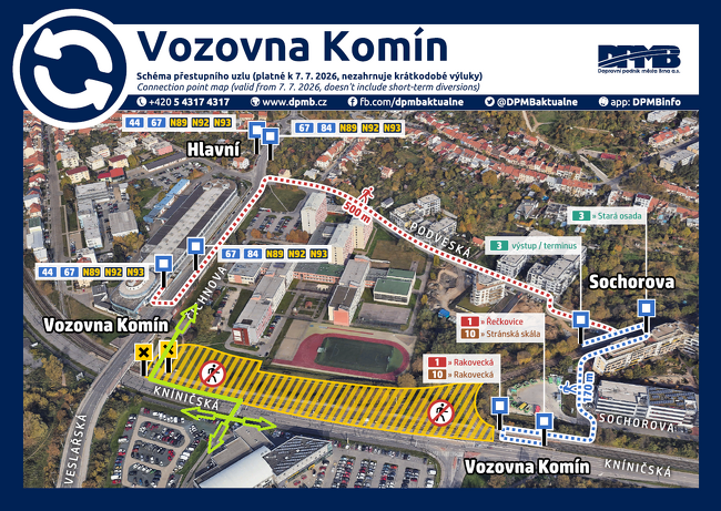 schéma přestupů s obchozích tras Vozovna Komín