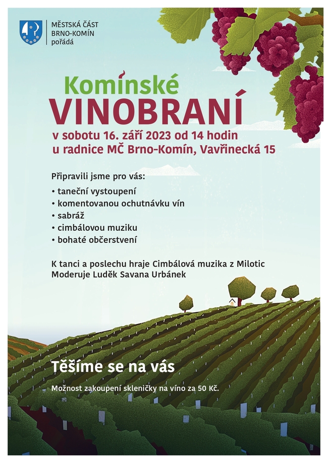 Pozvánka na vinobraní vinice s domečkem a hroznové víno