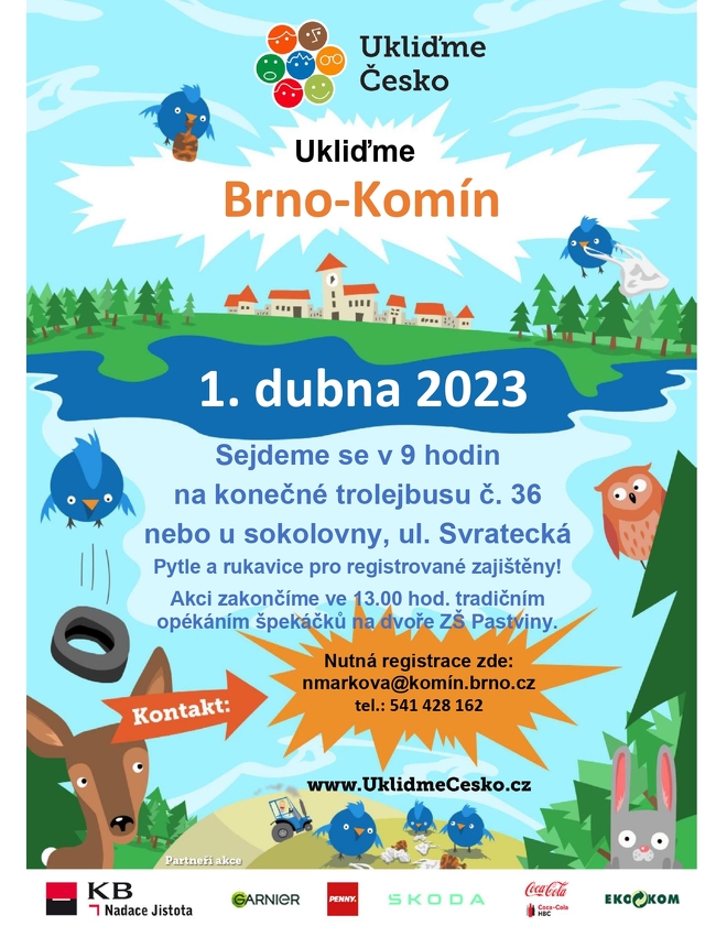 Pozvánka na Ukliďme Česko, kde jsou ptáci sbírající odpadky, pneumatiky a další zvířata z lesa (zajíc, sova, srna)