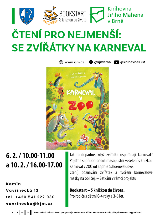 Leták na akci s obrázkem knihy Karneval v Zoo - žirafa slon