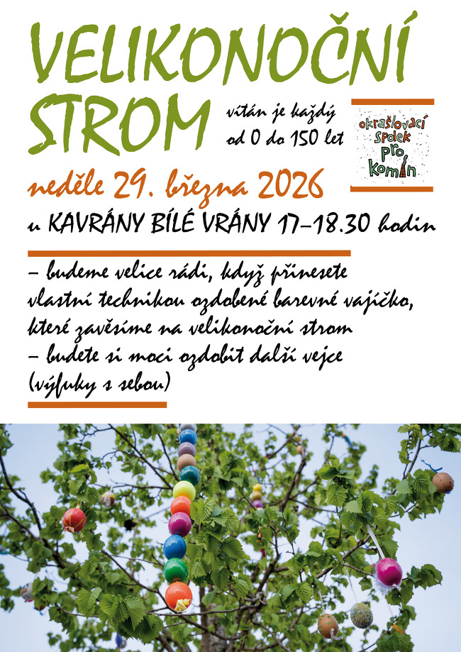 plakát s informacemi a fotkou stromu s pověšenými vejci z minuklých let